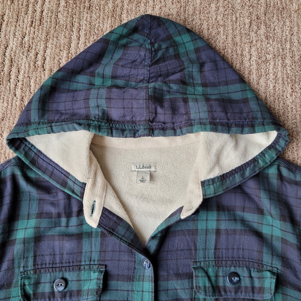 LL BEAN FLEECE LINED PLAID FLANNEL HOODIE SHACKET WOMEN'S SIZE  LARGE - Picture 7 of 16